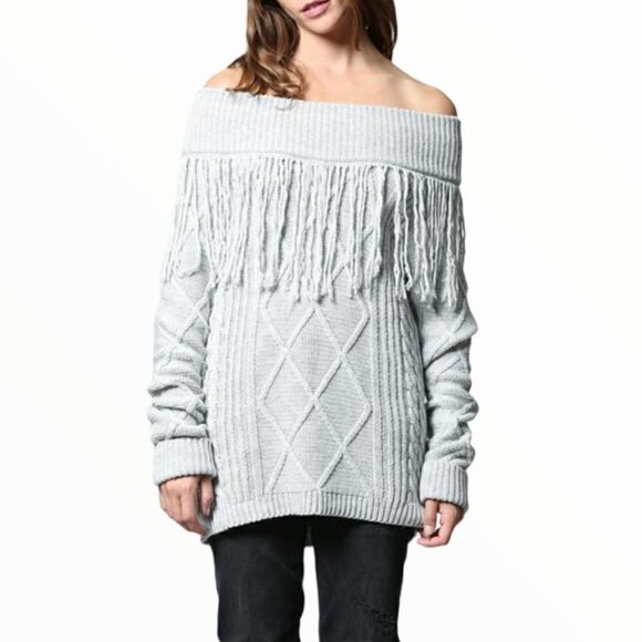 NWT ANTHROPOLOGIE BRAND FATE OFF THE SHOULDER FRINGE GRAY PULLOVER SZ. S - Picture 1 of 6